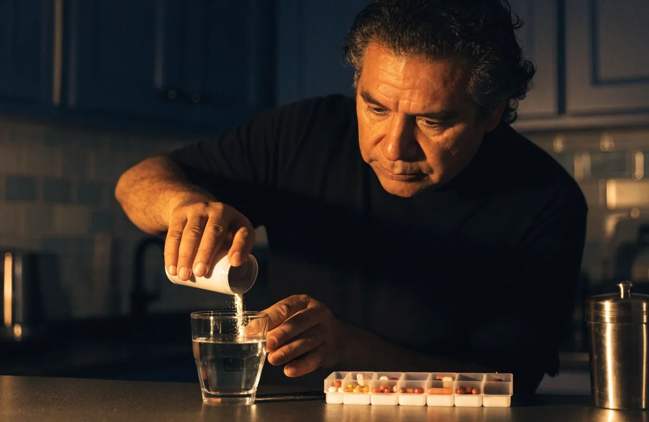 Hombre preparando su toma diaria de suplemento en polvo sobre la barra de su cocina por la noche