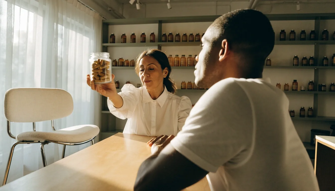 Asesora explicando vitaminas naturales a un cliente en la recepción de BioVital Men en Ciudad de México