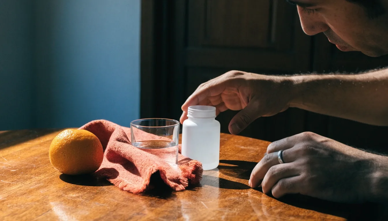 Hombre preparando su rutina de bienestar con vitaminas naturales por la mañana
