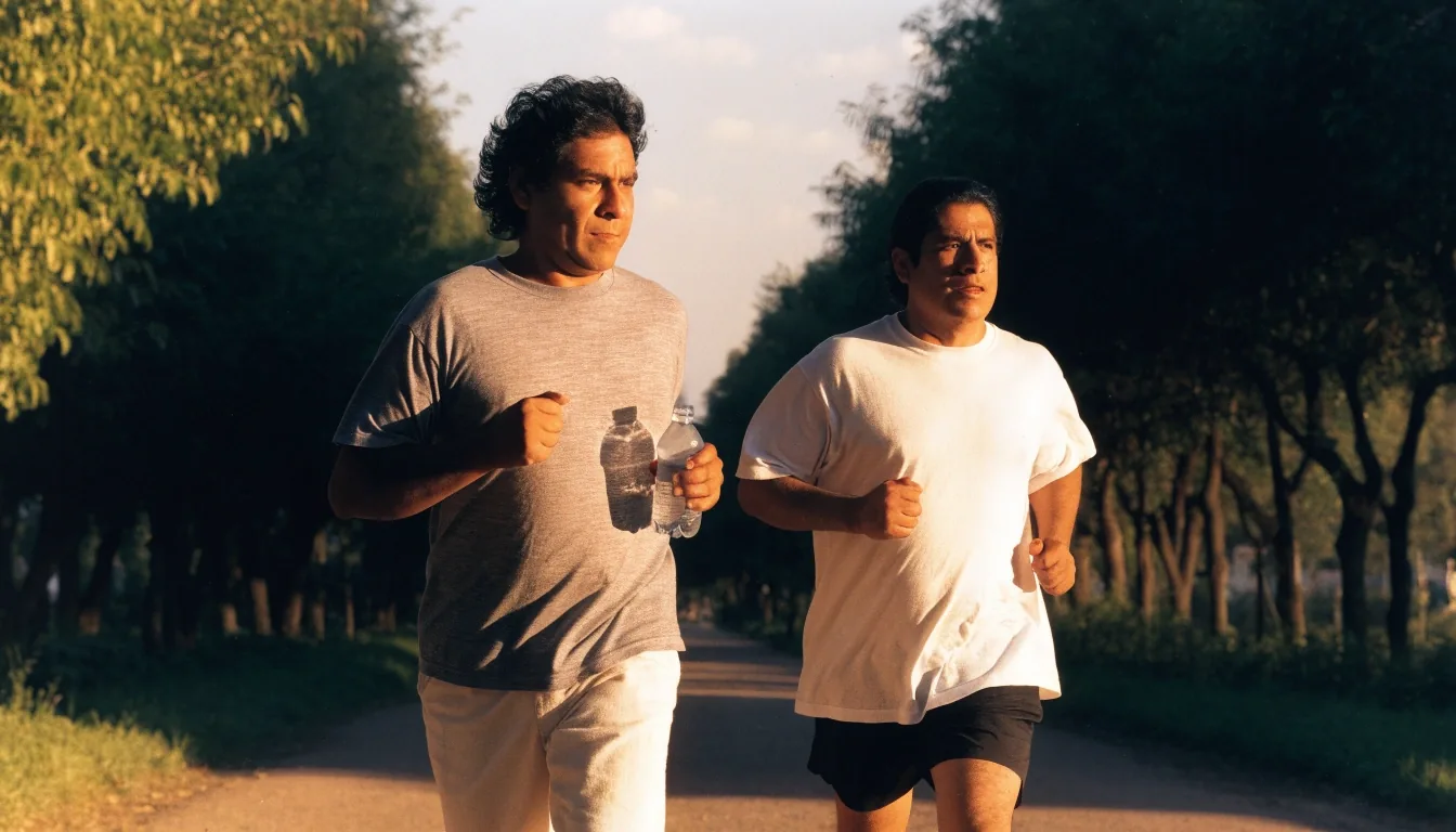 Grupo de hombres calentando en una pista al aire libre al atardecer
