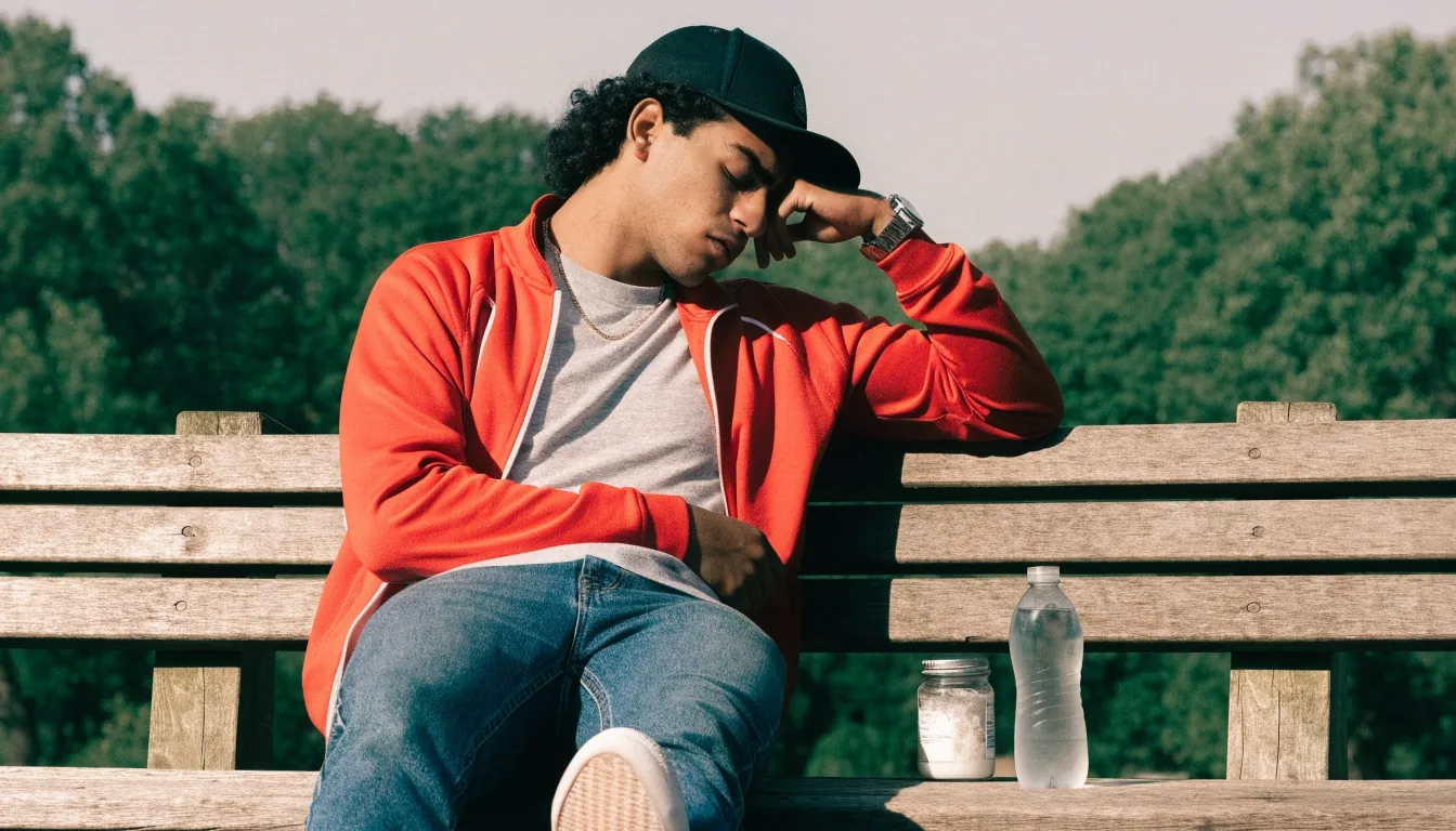 Hombre adulto descansando en un parque después de entrenar por la mañana