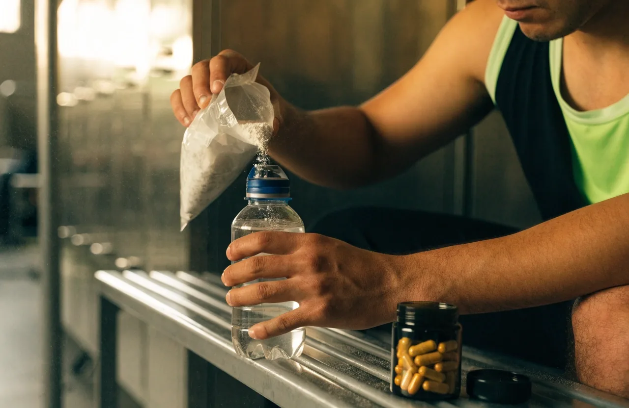 Hombre descansando en una banca del gimnasio con un vaso mezclador en la mano