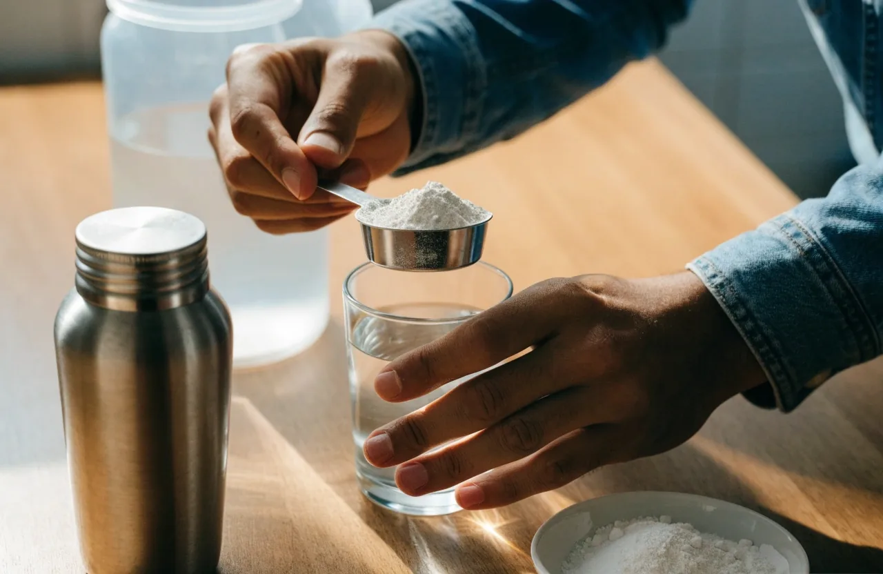 Hombre preparando su mezcla diaria de creatina en una cocina iluminada por la mañana
