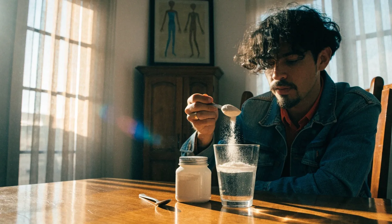Manos sirviendo una medida de polvo de aminoácidos en un vaso de agua sobre una barra de cocina