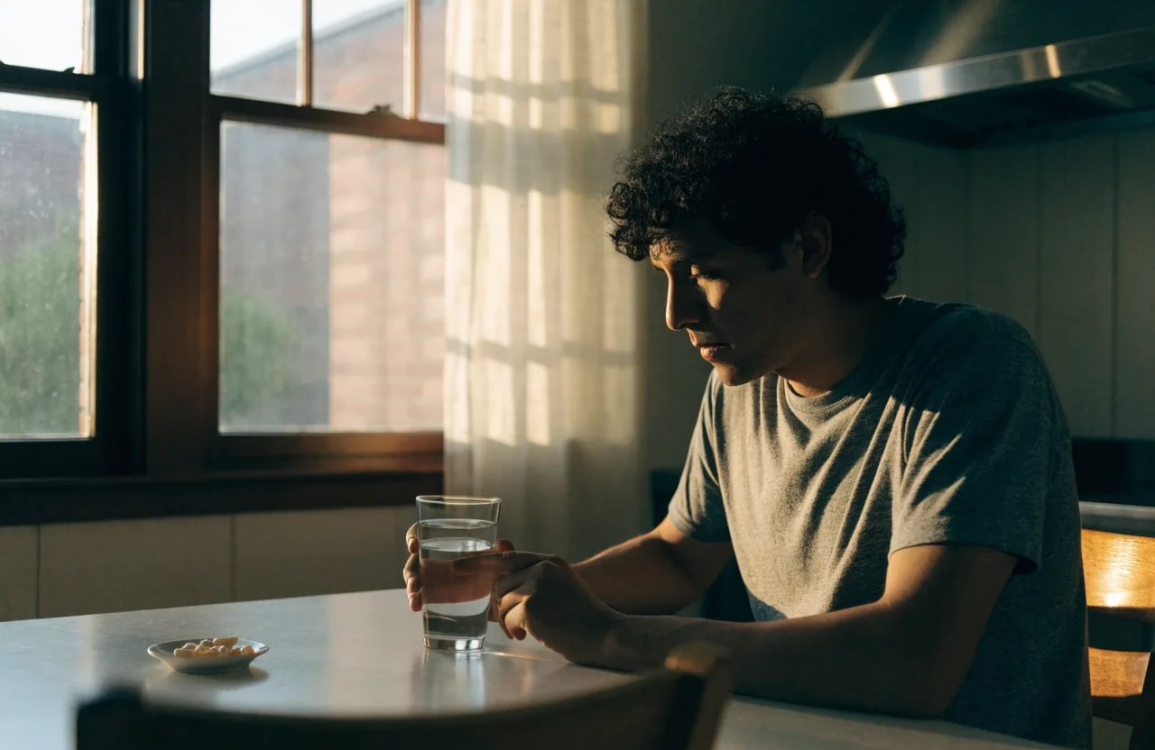 Hombre con camiseta gris sosteniendo un vaso de agua junto a un plato de cápsulas en una mesa de cocina al amanecer