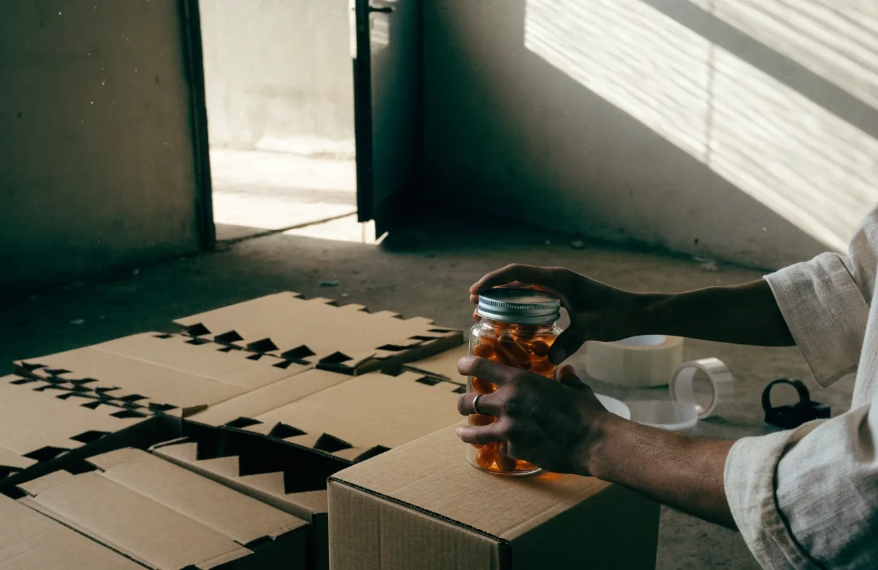 Manos sacando un frasco de suplemento sin etiqueta de una caja de cartón junto a otras cajas apiladas en una habitación con luz de puerta abierta
