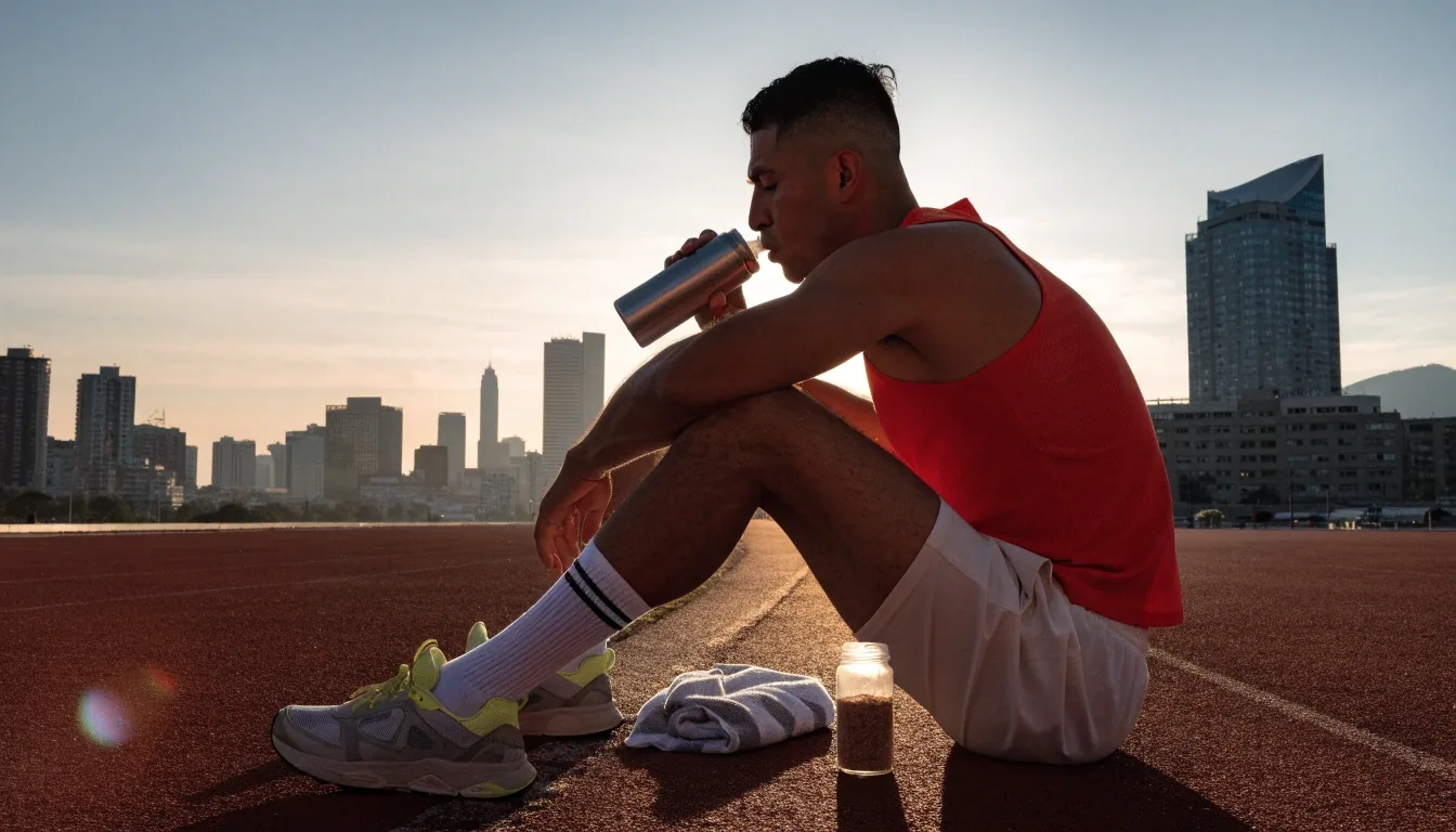 Hombre en ropa deportiva sentado al borde de una pista de atletismo al amanecer con una botella de agua y una toalla